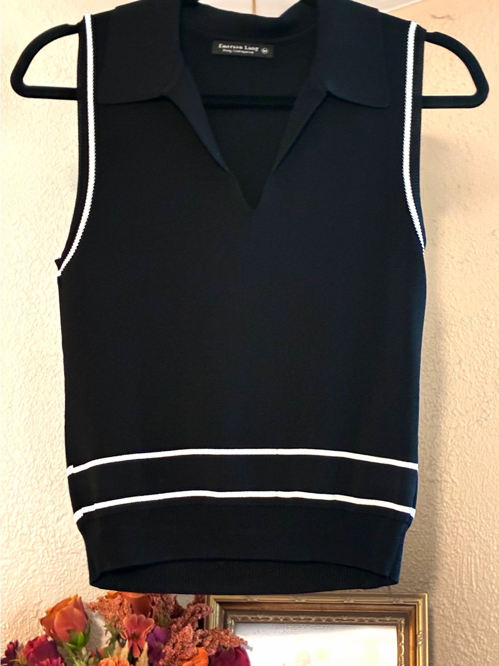Black Sleeveless Polo Tank with White Trim
